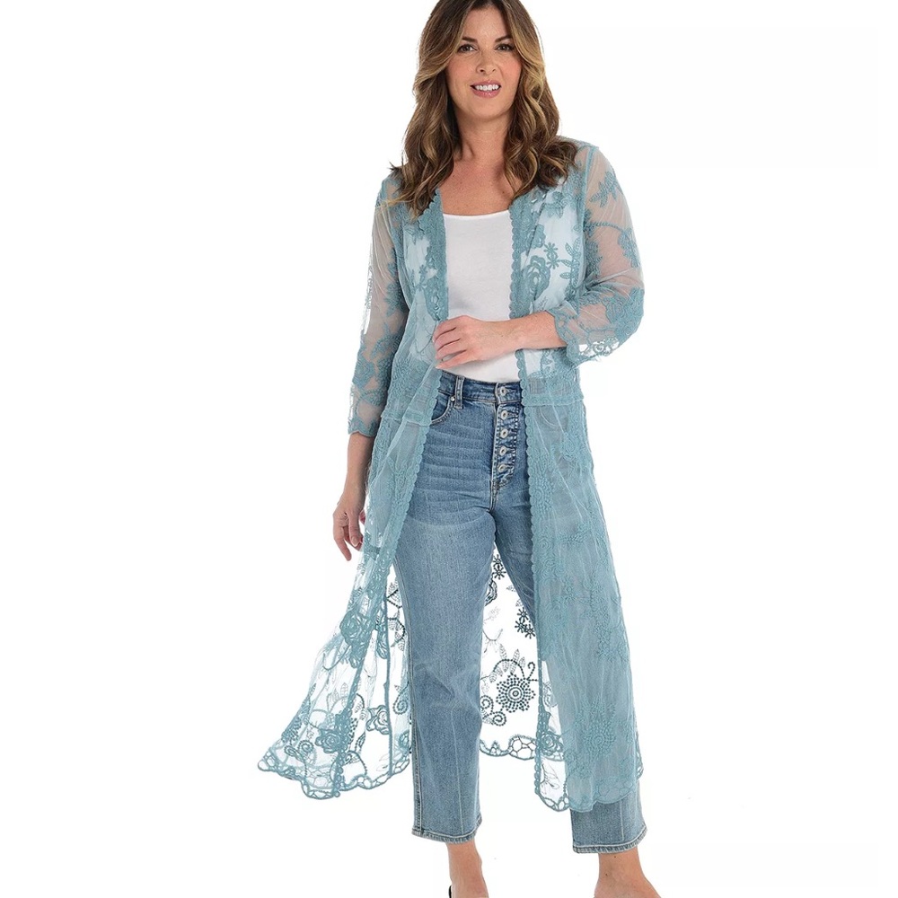 Women’s‎ Indigo Thread Co. Blue Crochet Open Front Duster Cardigan